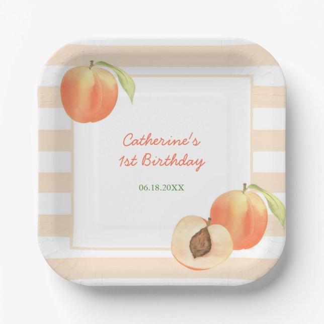 Assiettes En Carton Sweet Little Peach Stripes Girl Birthday (Recto)