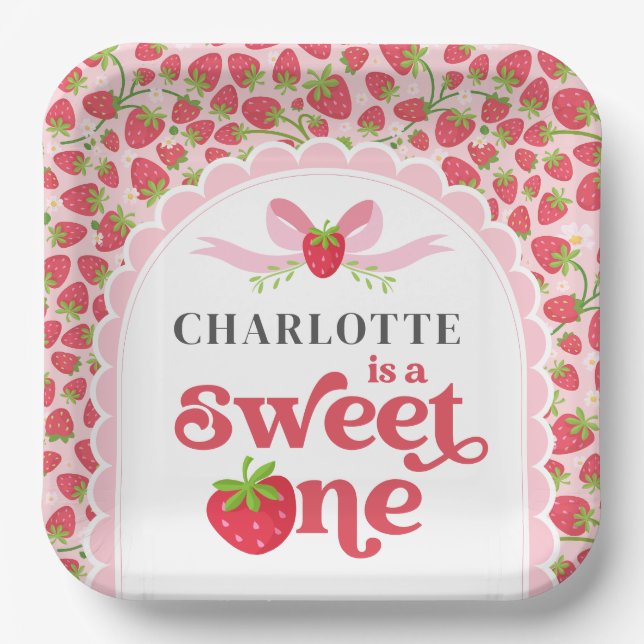 Assiettes En Carton Sweet One Strawberry 1er anniversaire 9" Carré (Recto)