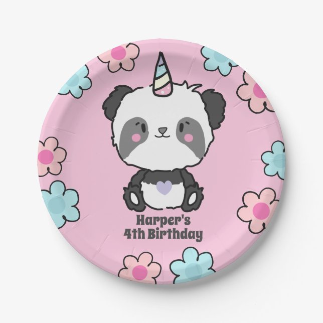 Assiettes En Carton Sweet Panda Unicorn Girls Rainbow Birthday (Devant)