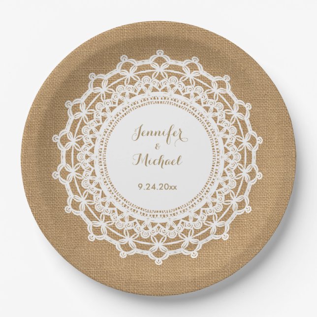 Assiettes En Carton Sweet Rustique Burlap Look et blanc Mariage dentel (Devant)