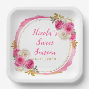 Assiettes En Carton Sweet sixteen à fleurs élégantes roses et or chaud
