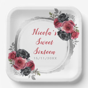 Assiettes En Carton Sweet sixteen à fleurs élégantes rouge et argent