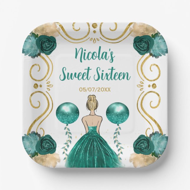 Assiettes En Carton Sweet sixteen Blonde Princesse en Turquoise (Recto)