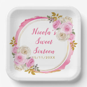 Assiettes En Carton Sweet sixteen brillant rose et or Fleurs élégantes