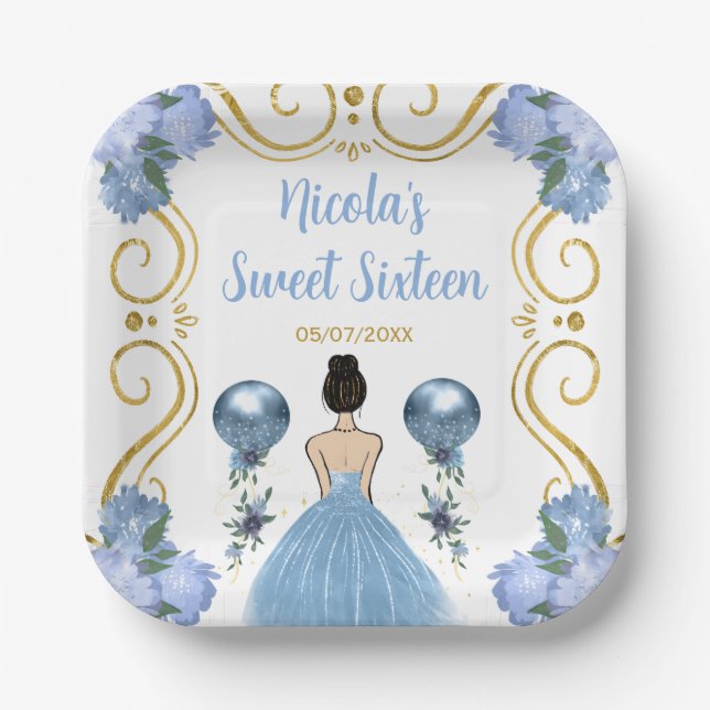 Assiettes En Carton Sweet sixteen Brown Hair Princesse en Dusty Blue (Recto)