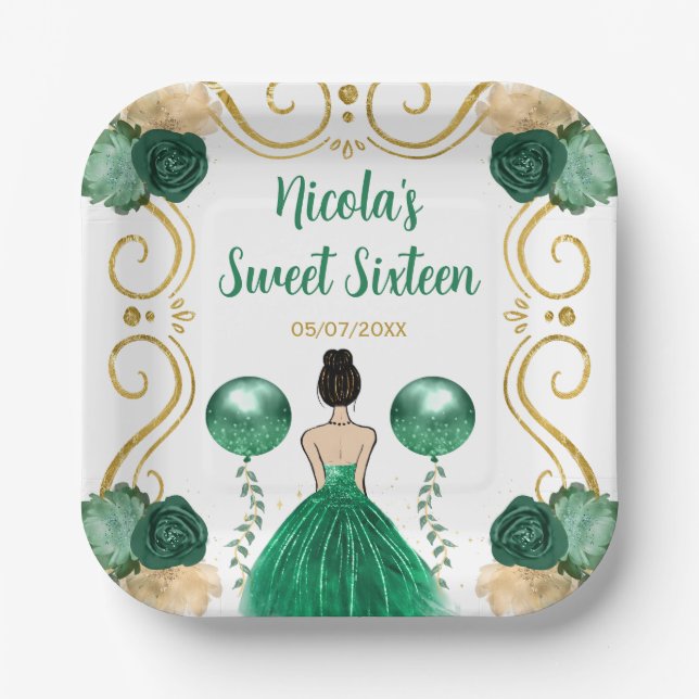 Assiettes En Carton Sweet sixteen Brown princesse en vert (Recto)