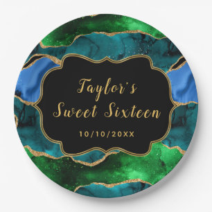 Assiettes En Carton Sweet sixteen d'Agate Peacock bleu et vert