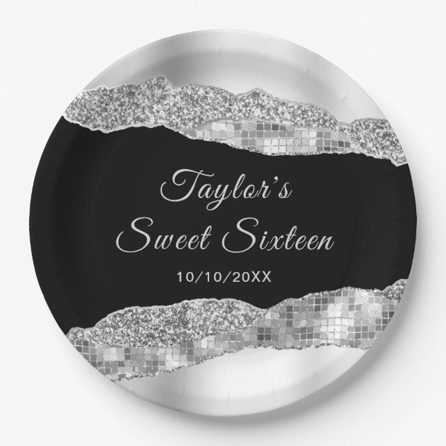 Assiettes En Carton Sweet sixteen des larmes d'argent et de verre noir (Devant)
