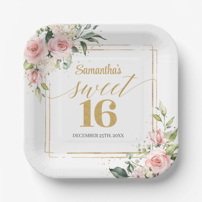 Assiettes En Carton Sweet sixteen d'or d'eucalyptus floral moderne (Recto)