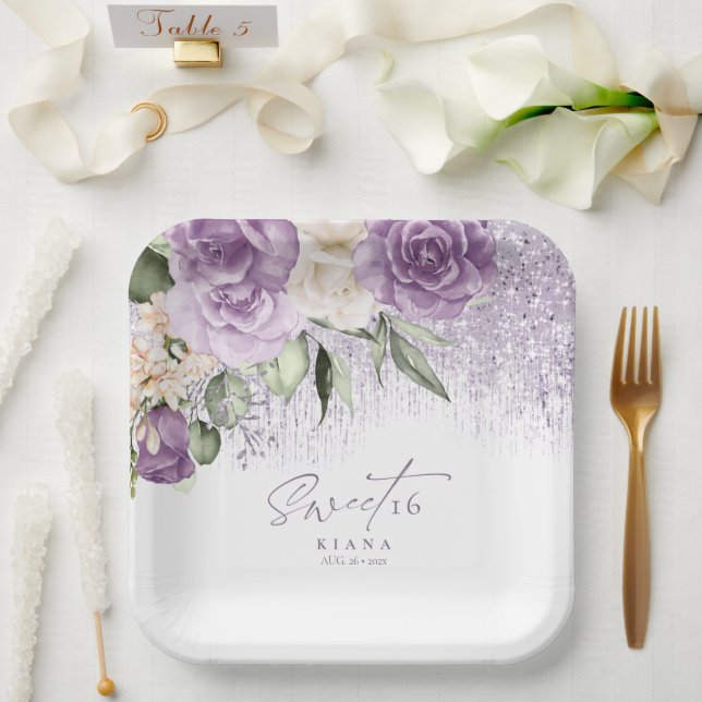 Assiettes En Carton Sweet sixteen floral étincelantes Mauve ID912 (Mariage)