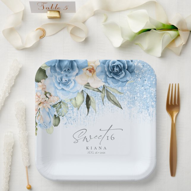 Assiettes En Carton Sweet sixteen floral étincelants bleu ID912 (Mariage)