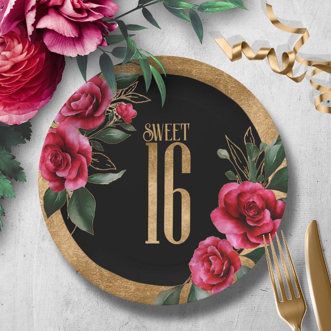Assiettes En Carton Sweet sixteen Floral Gold Foil Black ID757 (Créateur téléchargé)
