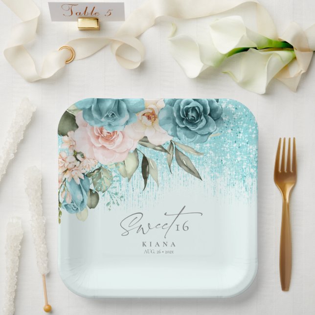 Assiettes En Carton Sweet sixteen Floral Sparkles ID Turquoise912 (Mariage)