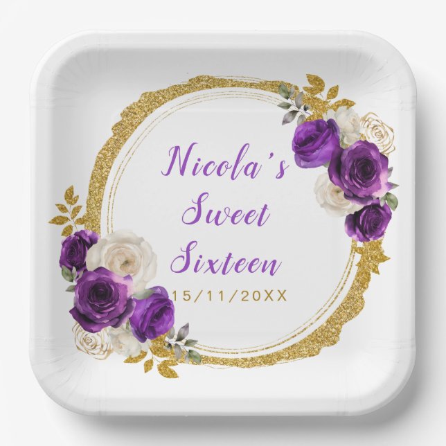 Assiettes En Carton Sweet sixteen foncé violet et or élégant Fleurs (Recto)