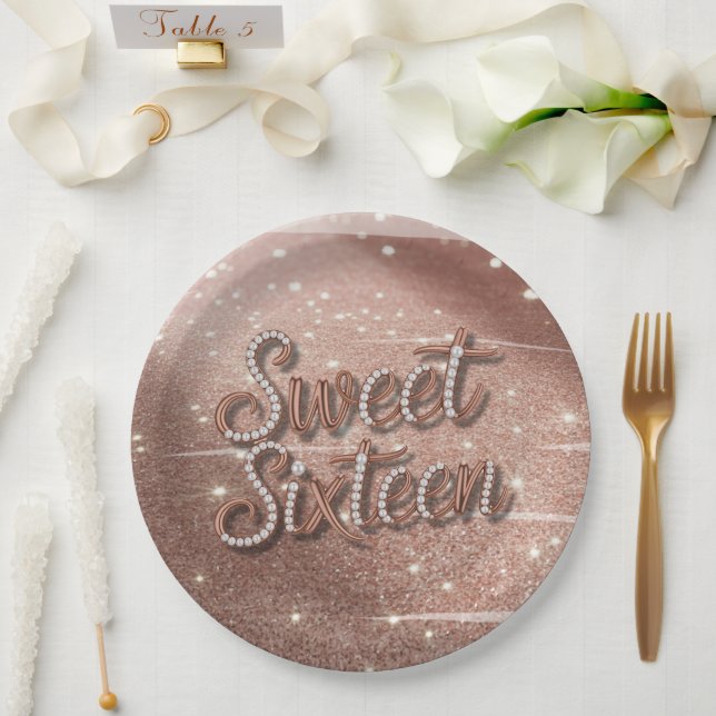 Assiettes En Carton Sweet Sixteen In Rose Gold and Pearls (Mariage)