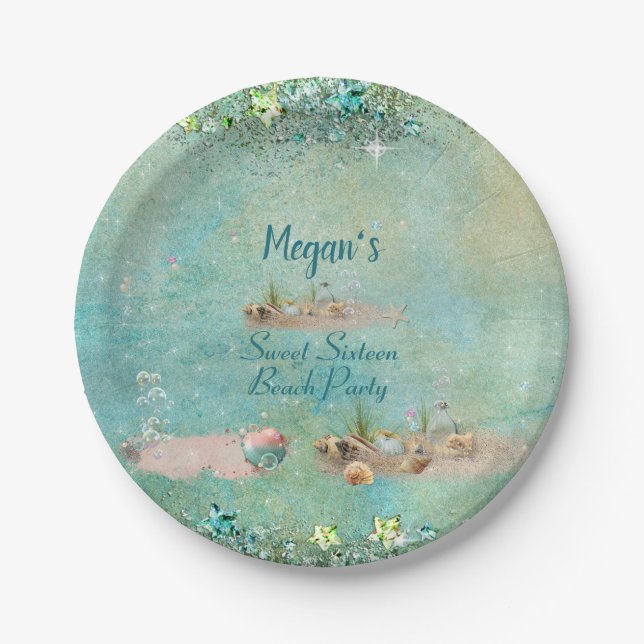 Assiettes En Carton Sweet Sixteen Plage Coquillages Tropicaux & Perles (Devant)