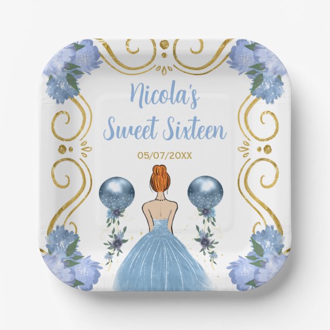 Assiettes En Carton Sweet sixteen Red Hair Princesse en Dusty Blue (Recto)