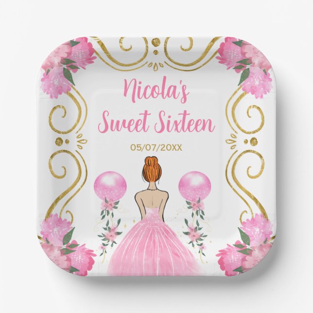 Assiettes En Carton Sweet sixteen Red Hair Princesse en rose (Recto)