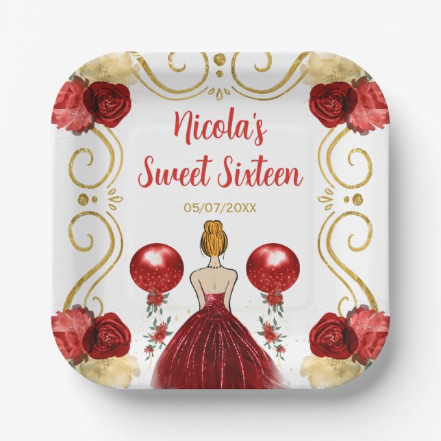 Assiettes En Carton Sweet sixteen Red Hair Princesse en rouge (Recto)