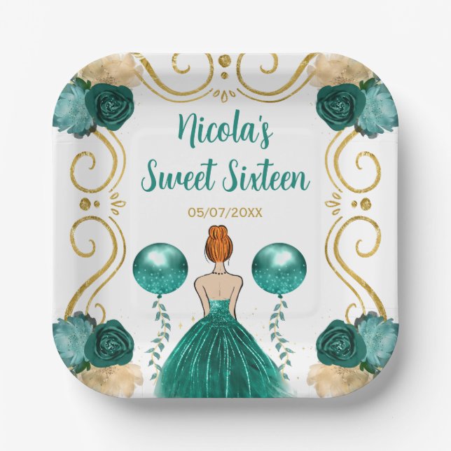 Assiettes En Carton Sweet sixteen Red Hair Princesse en Turquoise (Recto)