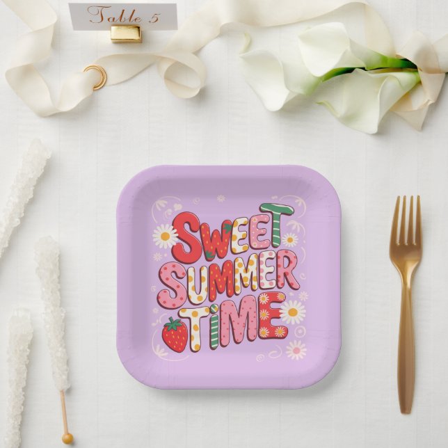 Assiettes En Carton Sweet Summer Time Coquette Strawberry Retro Beach (Mariage)