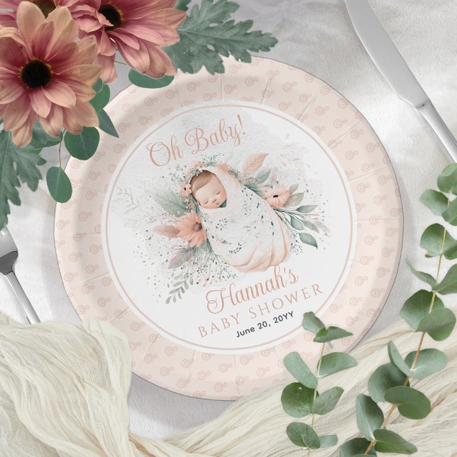 Assiettes En Carton Sweet Swaddled Oh Baby Floral Girl Baby shower (Créateur téléchargé)