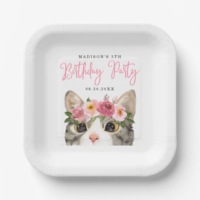 Assiettes En Carton Sweet Watercolor Kitty fête d'anniversaire (Recto)