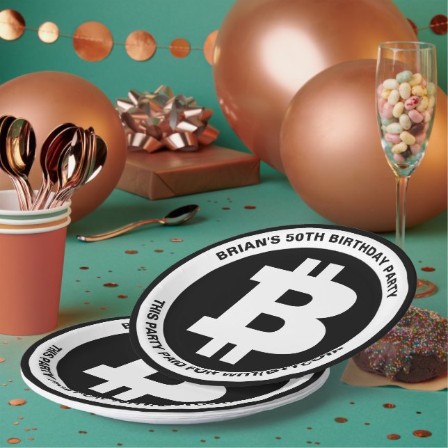 Assiettes En Carton Symbole Bitcoin noir et blanc Message personnalisé (Multi)