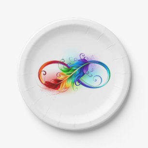 Assiettes En Carton Symbole d'infini avec plume arc-en-ciel