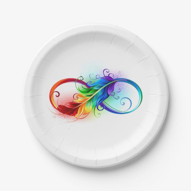 Assiettes En Carton Symbole d'infini avec plume arc-en-ciel (Devant)