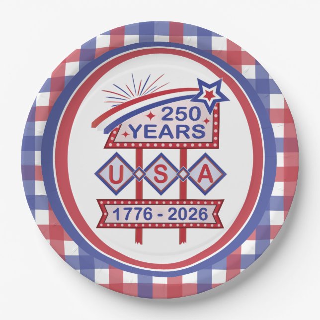 Assiettes En Carton Symbole du 250e anniversaire de la Retro USA 1776- (Devant)