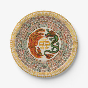 Assiettes En Carton Symbole du Bonheur Double avec Phoenix et Dragon