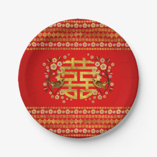 Assiettes En Carton Symbole Gold Double Happiness avec fleurs et oisea