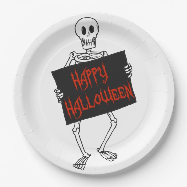 Assiettes En Carton SYMBOLE Squelette Holding Happy Halloween (Devant)