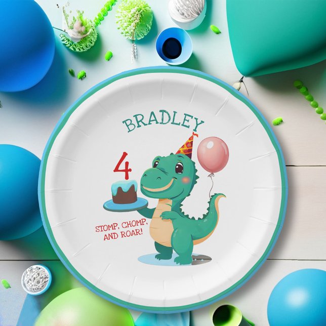 Assiettes En Carton T Rex Dinosaur 4e fête d'anniversaire (Créateur téléchargé)
