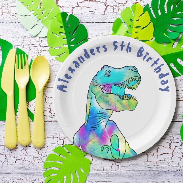 Assiettes En Carton T-Rex Dinosaur 5e Anniversaire Partie ajouter Nom (T-Rex dinosaur 5th birthday party add name paper plate Colorful Tyrannosaurus rex & blue typography )
