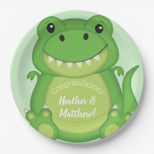 Assiettes En Carton T-Rex Dinosaur Baby shower vert