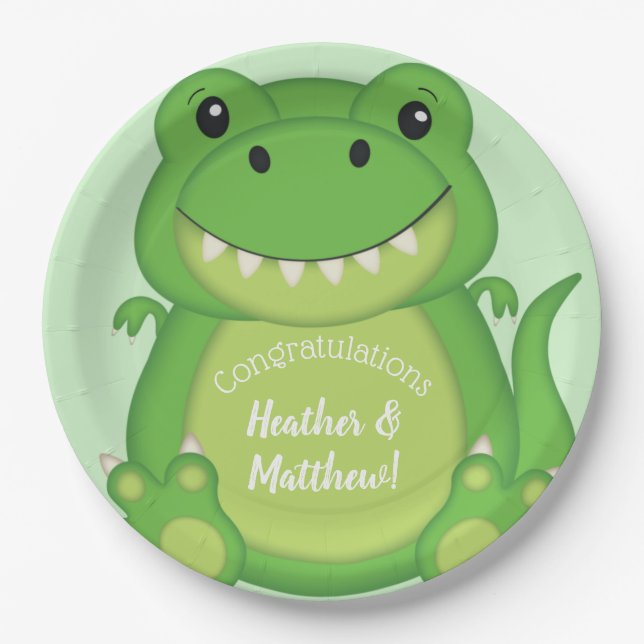 Assiettes En Carton T-Rex Dinosaur Baby shower vert (Devant)