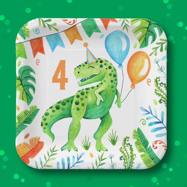 Assiettes En Carton T rex Dinosaur Boys Anniversaire (T rex Dinosaur Boys Birthday Watercolor Paper Plates)