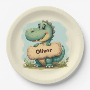 Assiettes En Carton T-Rex joueur avec enseigne de nom en pierre