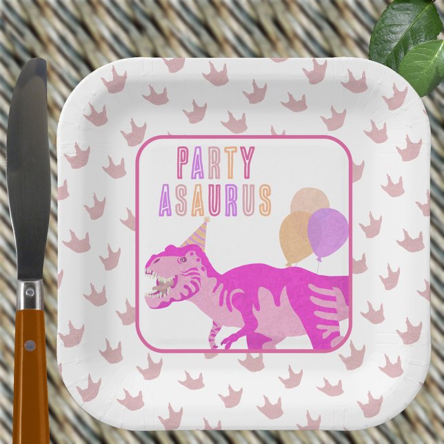 Assiettes En Carton T-Rex Pink Cute Jurassic Dinosaur fête d'anniversa (Cute pink T-Rex paper plates for your fun dinosaur birthday party)