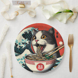 Assiettes En Carton T-shirt Chat Ramen Art Japonais Style Vintage