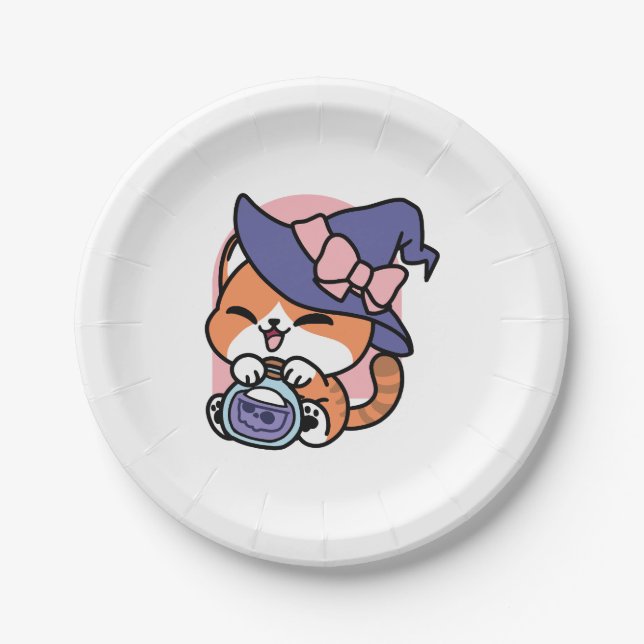 Assiettes En Carton Tabby Witch Brew – Cute Halloween Cat Design (Devant)