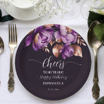 Assiettes En Carton Table de fête d'anniversaire violet peony modèle<br><div class="desc">Elégant violet rose or pivoines floral adultes fête d'anniversaire personnalisées vaisselle modèle assiettes,  violet et rose or feuilles aquarelle pivoines violet foncé arrière - plan</div>