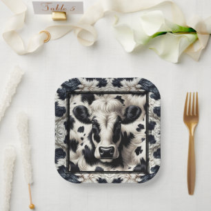 Assiettes En Carton Taches de vache noir et blanc Cuir de vache poilu 