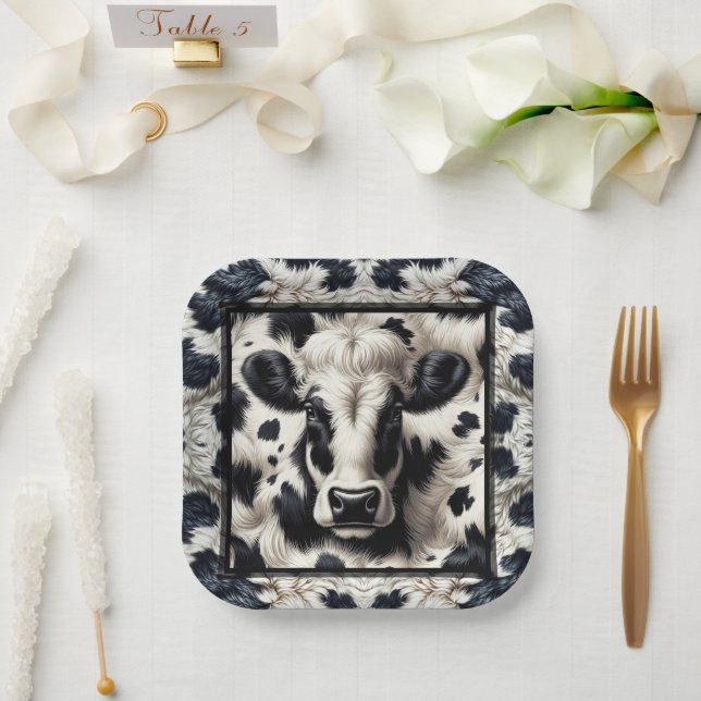 Assiettes En Carton Taches de vache noires et blanches Cuir de vache p (Mariage)