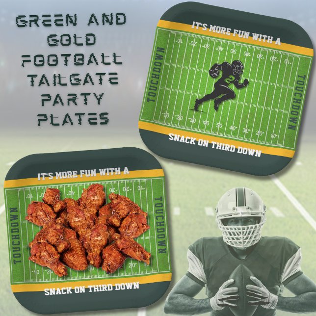 Assiettes En Carton Tailgate Party Green et Gold Football Plaque papie (Get ready for a game day touchdown for your next football watch party, tailgate, or backyard BBQ)