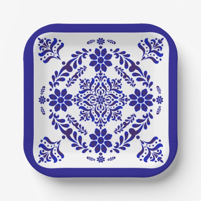 Assiettes En Carton Talavera bleu et blanc Trois Carrés (Recto)
