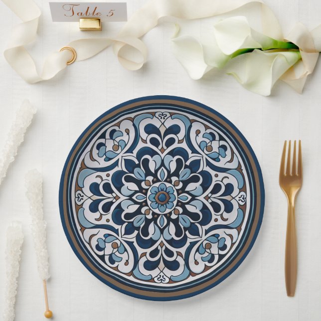 Assiettes En Carton Talavera Bleu et Brown (Mariage)