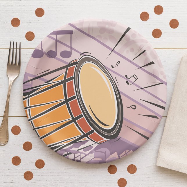 Assiettes En Carton Tambour traditionnel Bongo avec notes musicales (Créateur téléchargé)